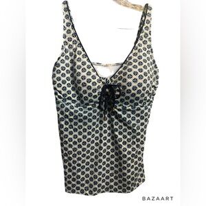 Lands End blue green white geometric print tankini top size 14 beach swim